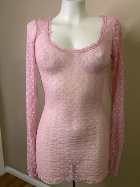 We the Free sheer pink polkadot lace long sleeve body dress 💕💕